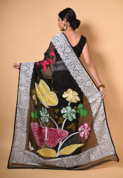 Black Butterfly Dhakai Jamdani Saree With Silver Border From Bengal