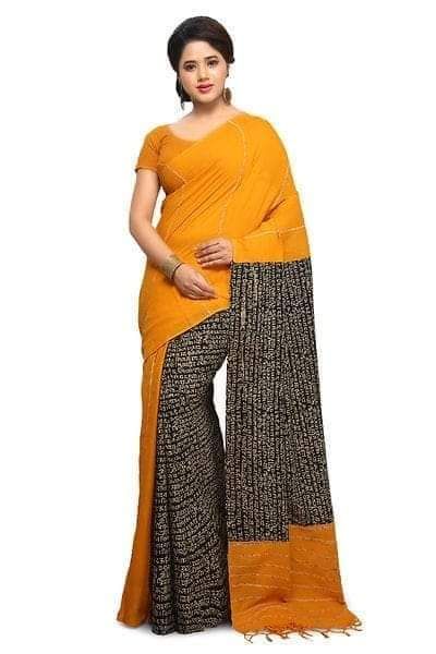 Black Orange Printed Pure Handloom Pure Cotton Saree