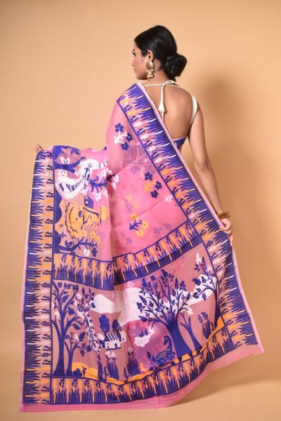 Pink Blue Tree Dhakai Jamdani Silk Cotton Saree From Bengal