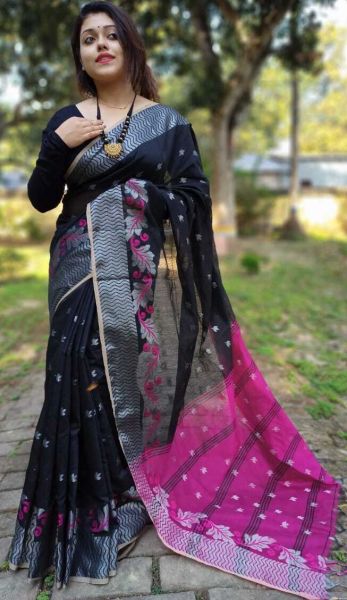 Black Minapuri Cotton Saree From Bengal