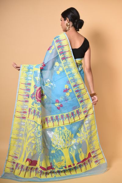 Light Sky Blue Yellow Tree Dhakai Jamdani Silk Cotton Saree From Bengal