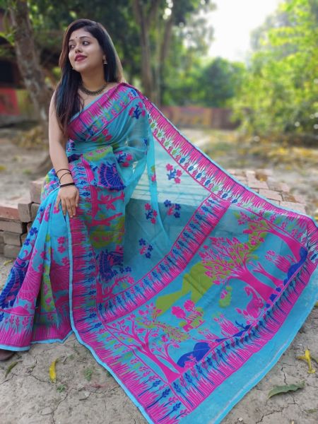 Sky Blue Pink Tree Dhakai Jamdani Silk Cotton Saree From Bengal