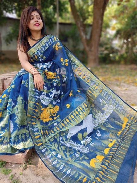 Blue Tree Dhakai Jamdani Silk Cotton Saree From Bengal