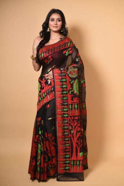 Black Red Tree Dhakai Jamdani Silk Cotton Saree From Bengal