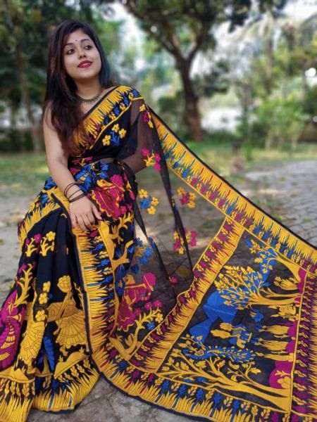 Black Yellow Tree Dhakai Jamdani Silk Cotton Saree From Bengal