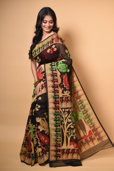 Black Cream Tree Dhakai Jamdani Silk Cotton Saree From Bengal