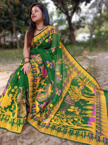 Green Yellow Tree Dhakai Jamdani Silk Cotton Saree From Bengal