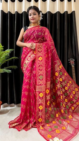 Rose Pink Butta Silk Cotton Dhakai Jamdani Saree