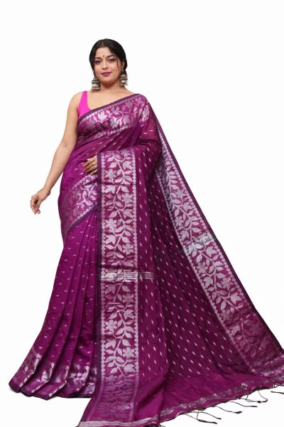 Purple Silk Cotton Pure Handloom Saree From Bengal