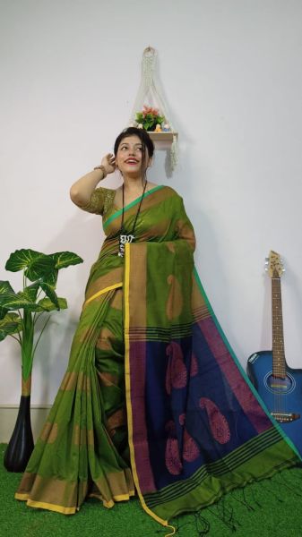 Green Silk Cotton Handloom Saree From Bengal