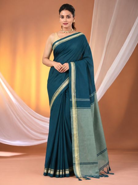 Sea Blue Organic Pure Handloom Cotton Saree From Bengal