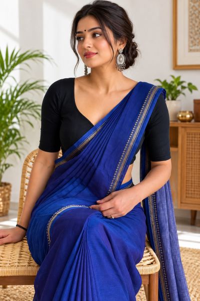 Dark Blue Organic Pure Handloom Cotton Saree From Bengal