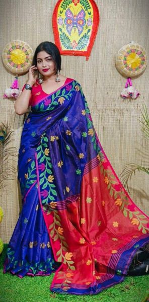 Dark Blue Pure Handloom Tissue Cotton Saree From Bengal