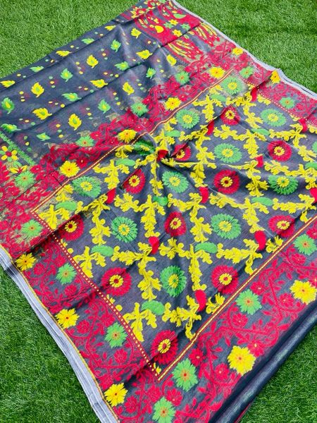 Black Leaf Design Pure Handloom Dhakai Jamdani Saree