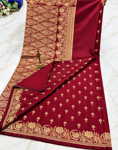 Maroom Banarasi Silk Leaf Design Saree From Banaras