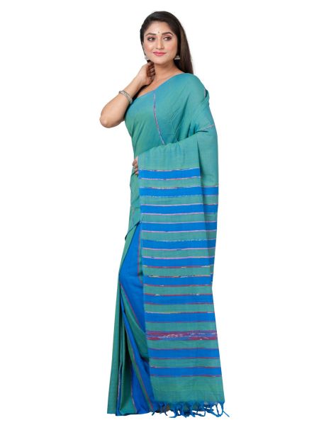 Sea Blue Pure Handloom Khesh Cotton Saree From Bengal