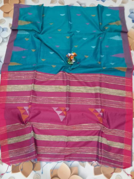 Ananda Blue Pink Cotton Silk Hand Weaving Saree