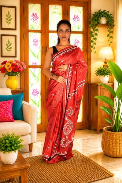 Red Pure Semi Silk Kanthastitch Saree From Bengal