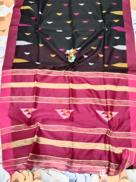 Black Pink Cotton Silk Hand Weaving Saree