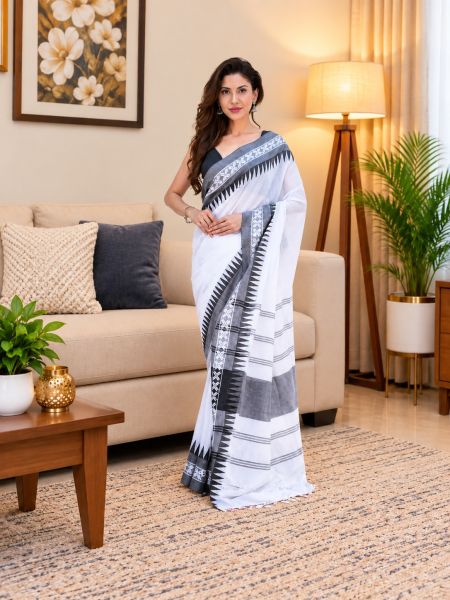White Pure Handloom Cotton Saree From Bengal