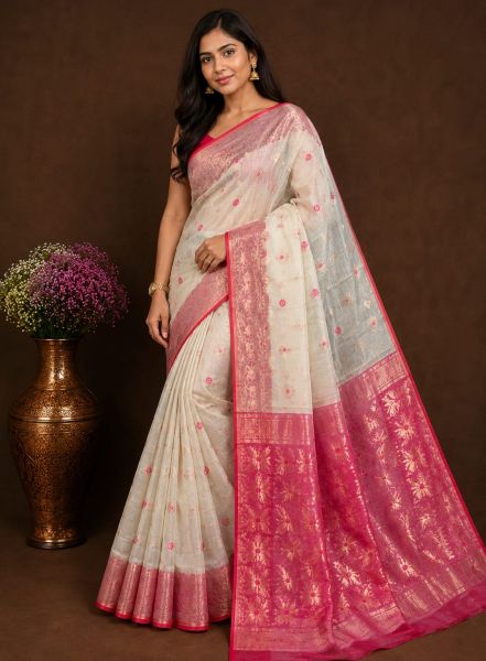 Cream white Pure Handloom Dhakai Jamdani Saree From Bengal