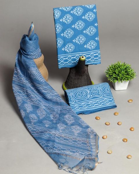 Blue Hand Block Printed Cotton Suit And Pant And Kota Dupatta