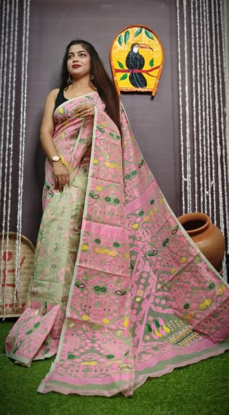 Cream Pure Handloom Dhakai Jamdani Cotton Saree From Bengal