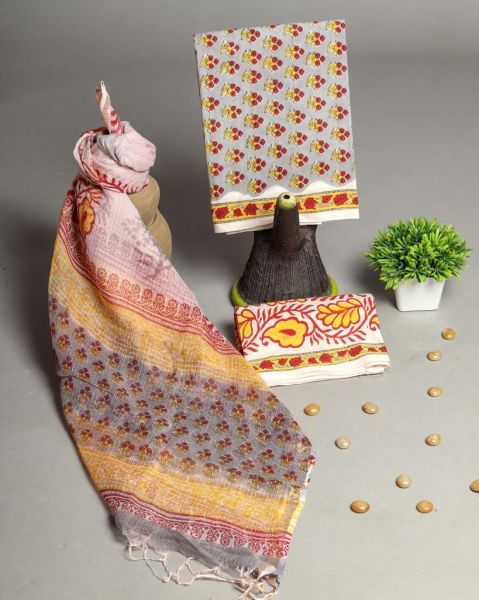 Grey White Hand Block Printed Cotton Suit And Pant And Kota Dupatta