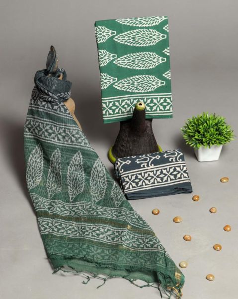 Sea Green Navy Blue Hand Block Printed Cotton Suit And Pant And Kota Dupatta