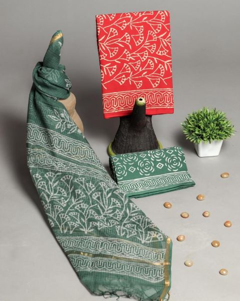 Sea Green Red Hand Block Printed Cotton Suit And Pant And Kota Dupatta