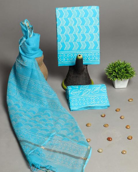 Sky Blue Hand Block Printed Cotton Suit And Pant And Kota Dupatta