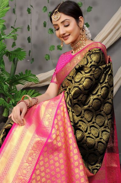 Black And Pink Pan Patti Kanchipuram Silk Saree