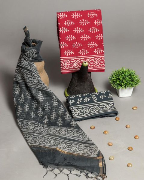 Black Red Hand Block Printed Cotton Suit And Pant And Kota Dupatta