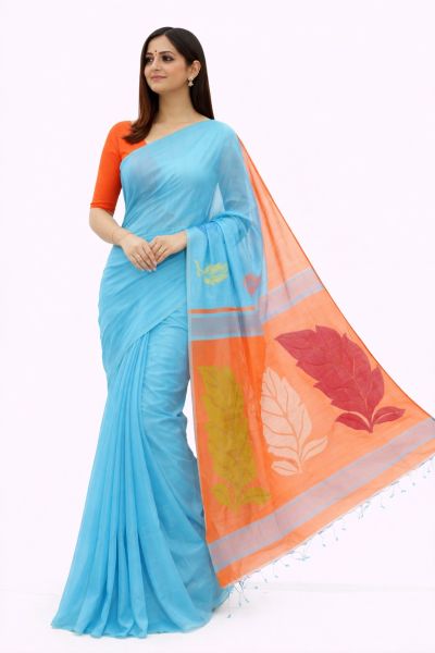 Elegant Sky Blue Handloom Silk Cotton Saree with Orange Leaf Motif & Blouse