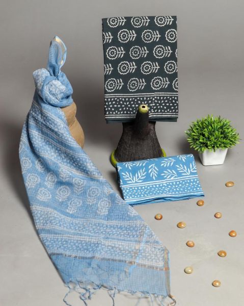 Sea Blue Black Hand Block Printed Cotton Suit And Pant And Kota Dupatta
