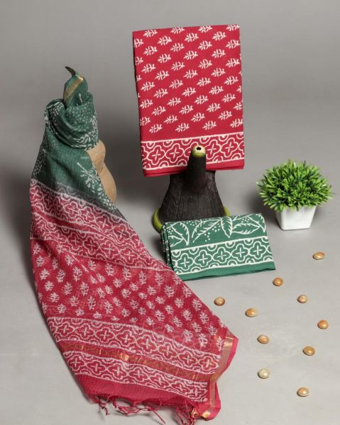 Sea Green Red Hand Block Printed Cotton Suit And Pant And Kota Dupatta