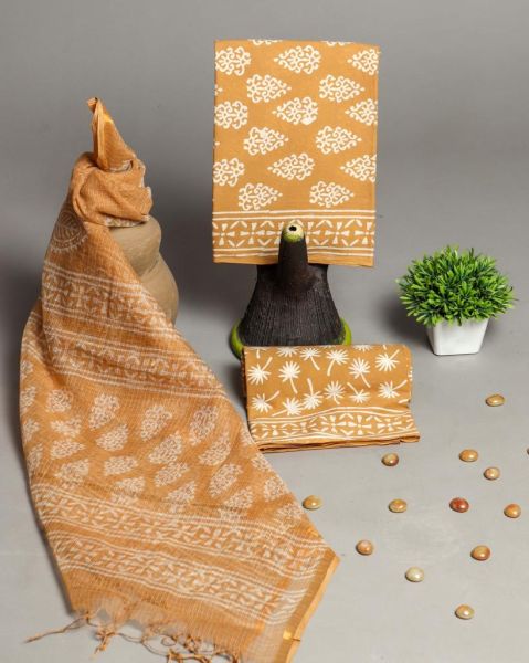 Gold Yellow Hand Block Printed Cotton Suit And Pant And Kota Dupatta