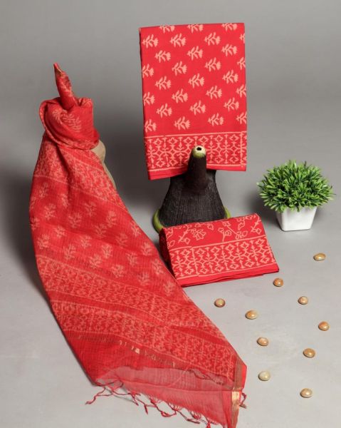 Red Hand Block Printed Cotton Suit And Pant And Kota Dupatta