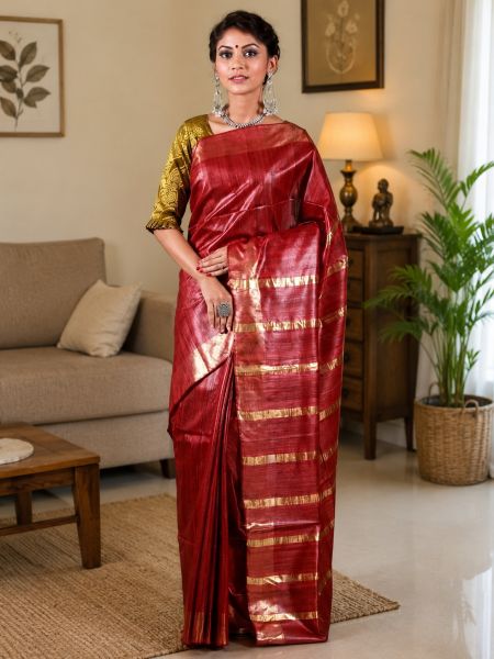 Red Tussar Ghicha Silk Elegant Pure Handloom Saree From Bhagalpur