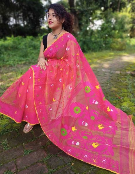 Baby Pink Dhakai Jamdani Flower Design Saree From Bengal
