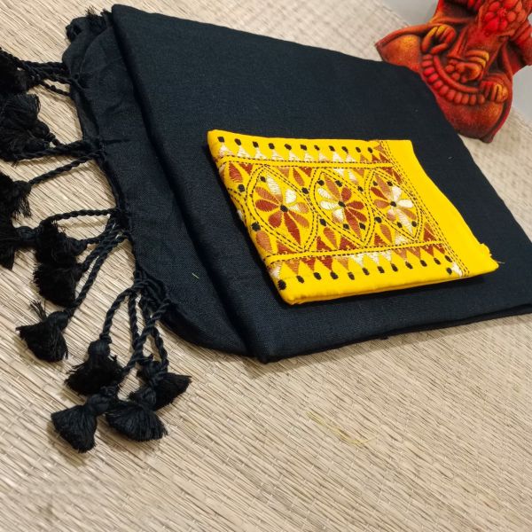 Black Plain Cotton Saree From Bengal