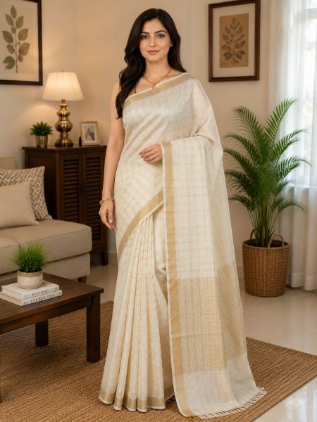 White Premium Quality Bhagalpur Tussar Silk Handloom Saree