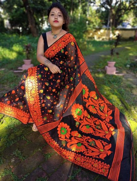 Black And Orange Dhakai Jamdani Flower Design Saree From Bengal