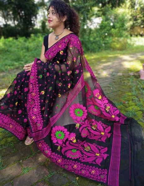 Black And Pink Dhakai Jamdani Flower Design Saree From Bengal