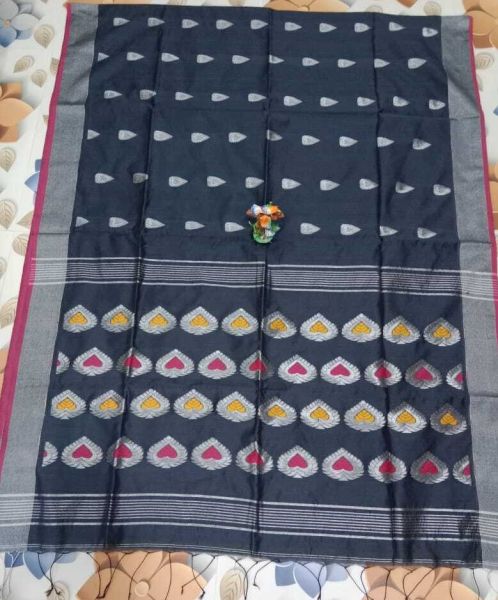 Black Cotton Silk Jamdani Saree From Bengal