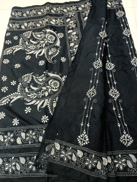 Black Katha stich Pure Handloom Silk Saree