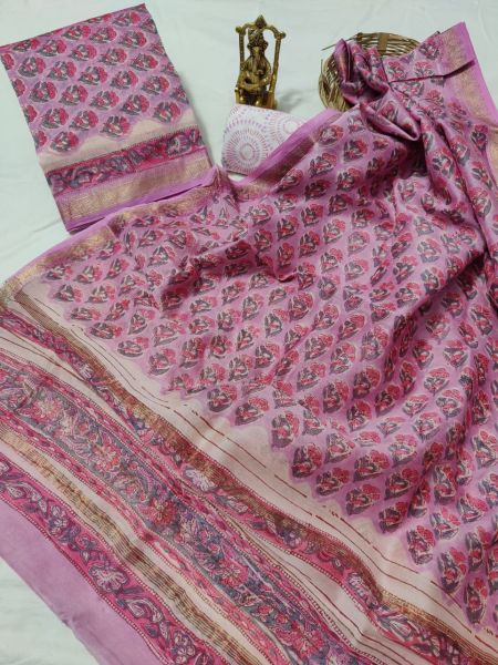 Pink Hand Block Printed Maheswari Silk Kurti Dupatta And Cotton Pant
