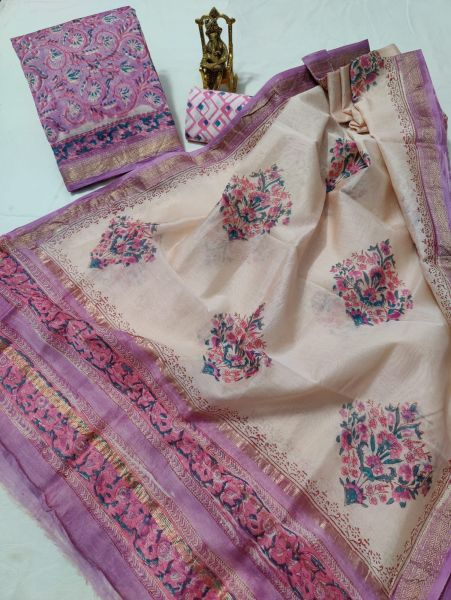 Cream Pink Hand Block Printed Maheswari Silk Kurti Dupatta And Cotton Pant