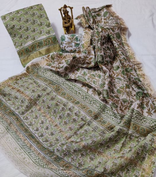 Moss Green White Hand Block Printed Maheswari Silk Kurti Dupatta And Cotton Pant