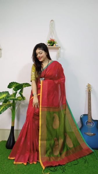 Red Green Pure Handloom Silk Saree From Bengal